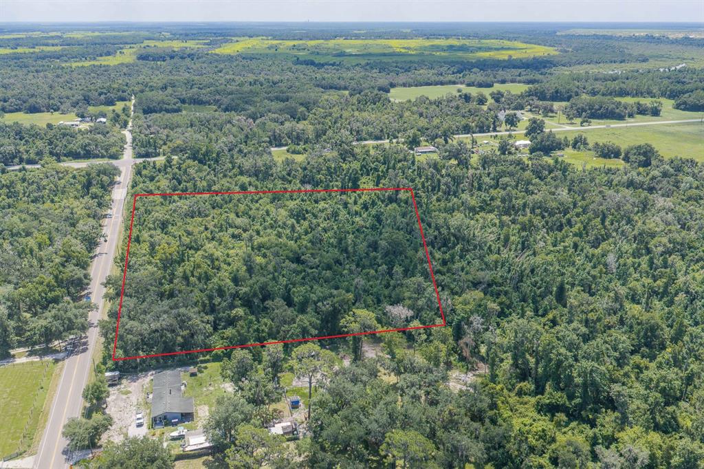 An aerial view shows a rectangular plot of land outlined in red amidst dense forest — 18525 672 HIGHWAY, LITHIA, FL