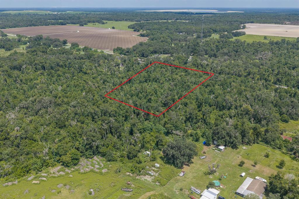 An aerial view shows a rectangular plot of land outlined in red amidst dense forest — 18525 672 HIGHWAY, LITHIA, FL