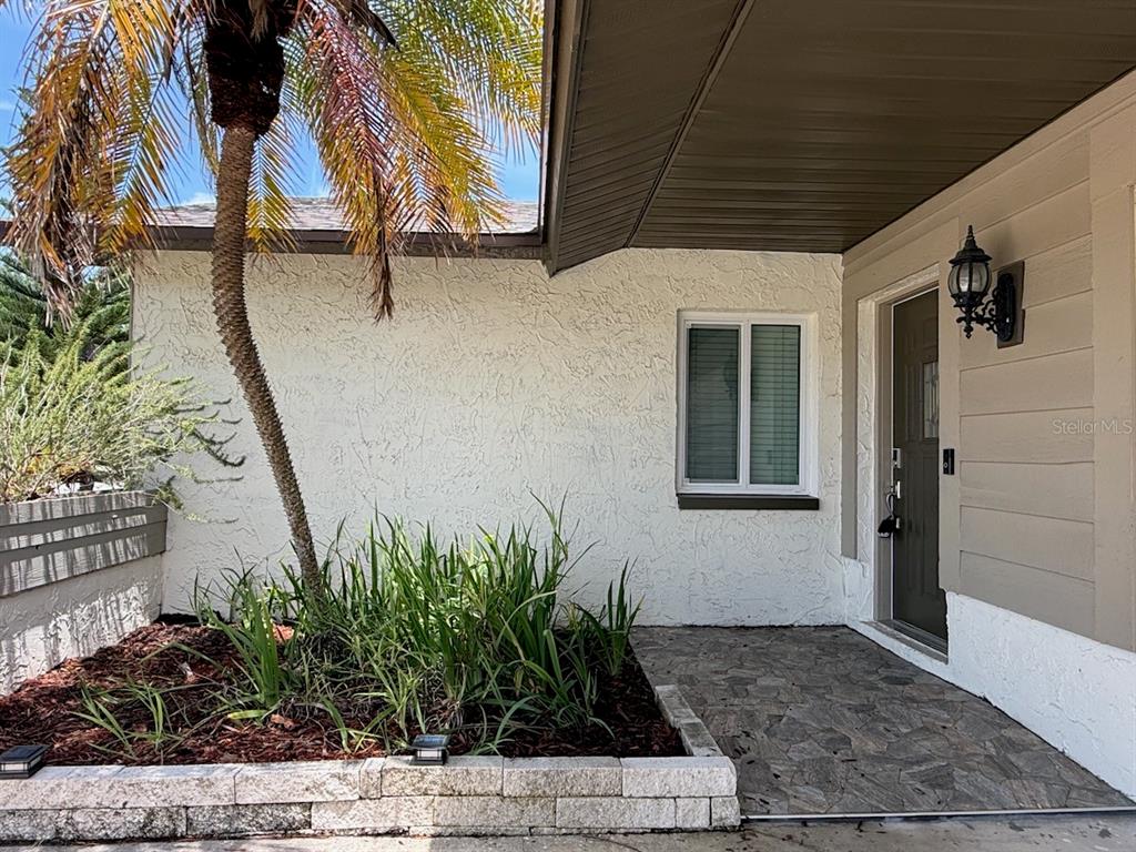 A front porch features a stone floor, a palm tree, and a small garden bed — 1583 REDWOOD AVENUE, DUNEDIN, FL