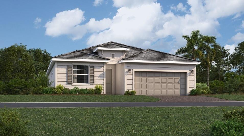 A digital rendering of a single-story suburban house with a two-car garage and light siding — 7761 LAKES EDGE LANE, PORT CHARLOTTE, FL