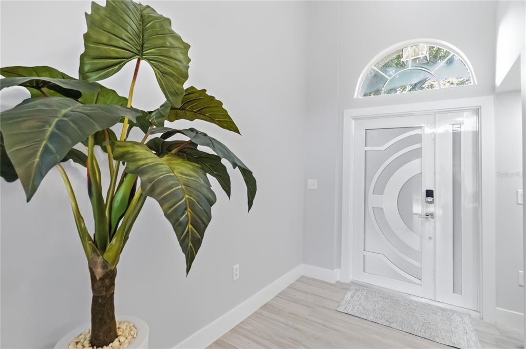 A bright entryway features light wood-look flooring, a large potted plant, and a white door — 243 OXFORD ROAD, DAVENPORT, FL