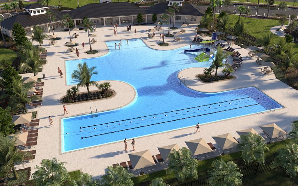 This is a rendering of a community swimming pool area with lounge chairs and umbrellas — 34658 SILENT PINE RUN, DADE CITY, FL