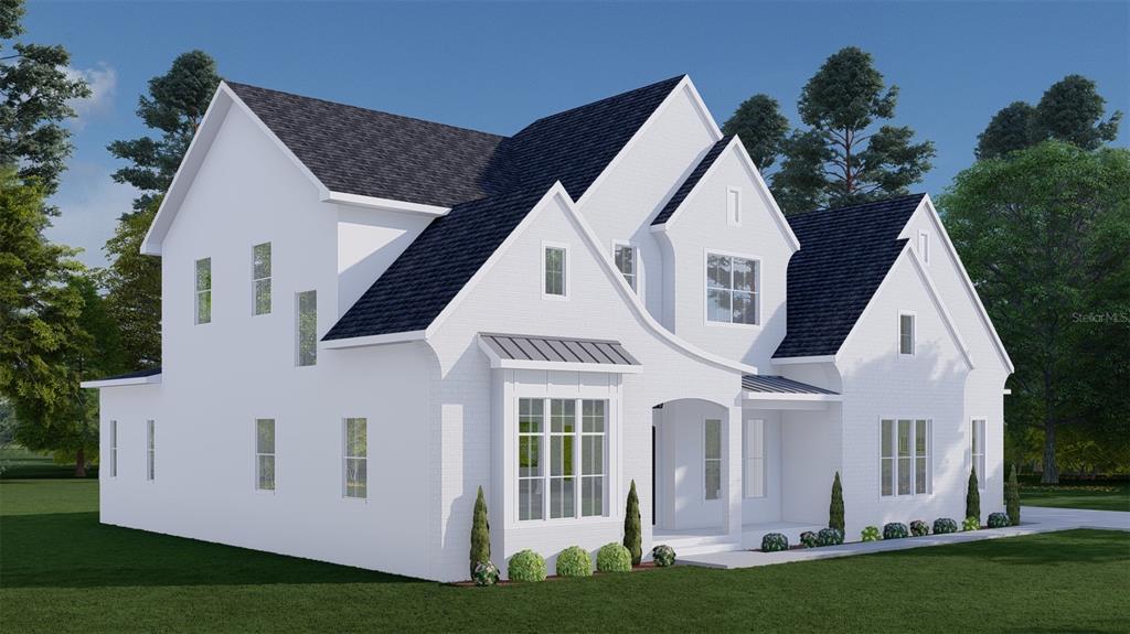 This is a digital rendering of a two-story white brick house with a dark roof — 2661 CYPRUS DRIVE, PALM HARBOR, FL