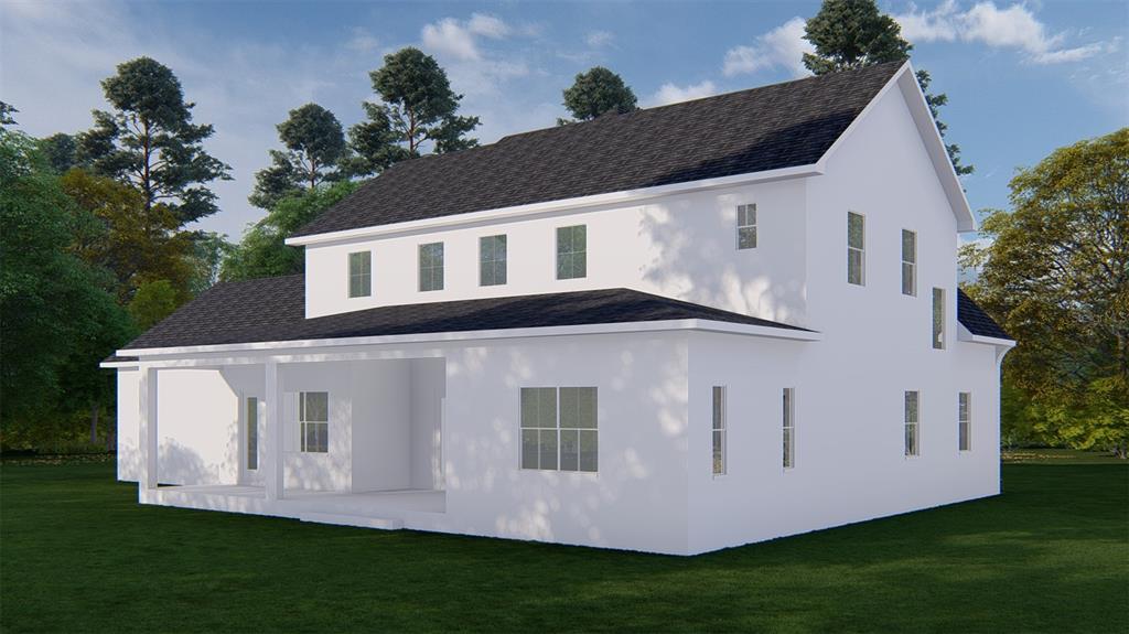 A digital rendering of the rear exterior of a two-story white house with a porch — 2661 CYPRUS DRIVE, PALM HARBOR, FL