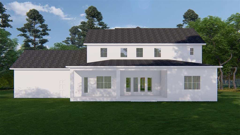 A digital rendering of the rear exterior of a two-story white house with a porch — 2661 CYPRUS DRIVE, PALM HARBOR, FL
