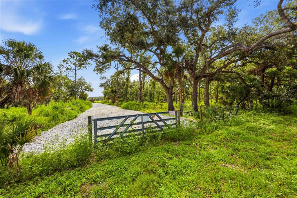 A gravel driveway leads through a metal gate into a wooded area with large trees — S MOON DRIVE, VENICE, FL