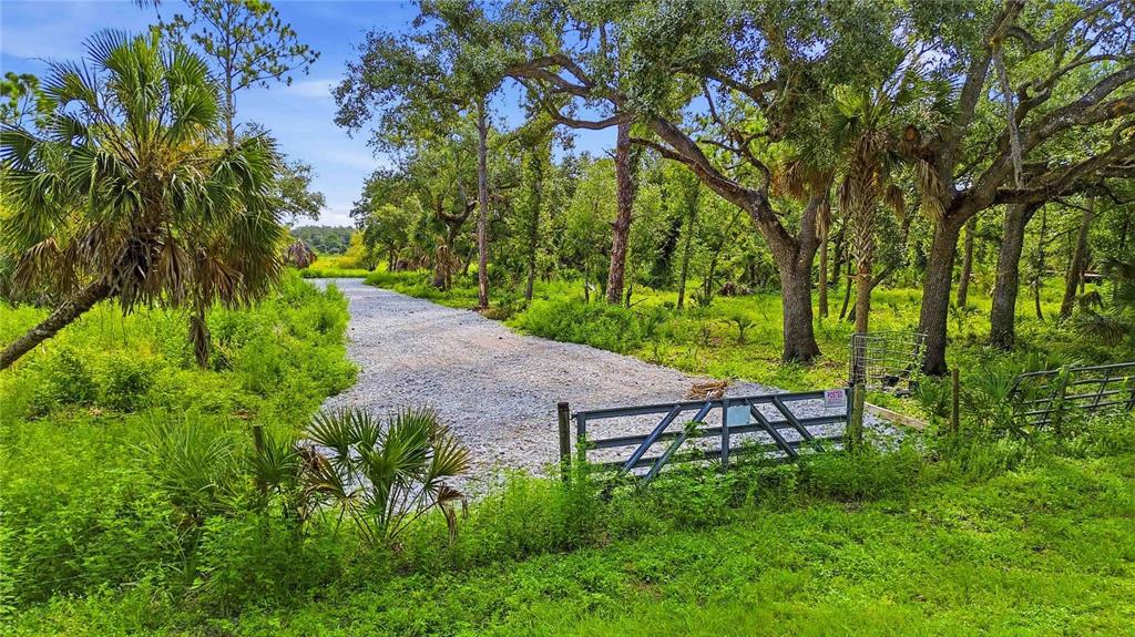 A gravel driveway leads through a metal gate into a wooded, grassy lot — S MOON DRIVE, VENICE, FL