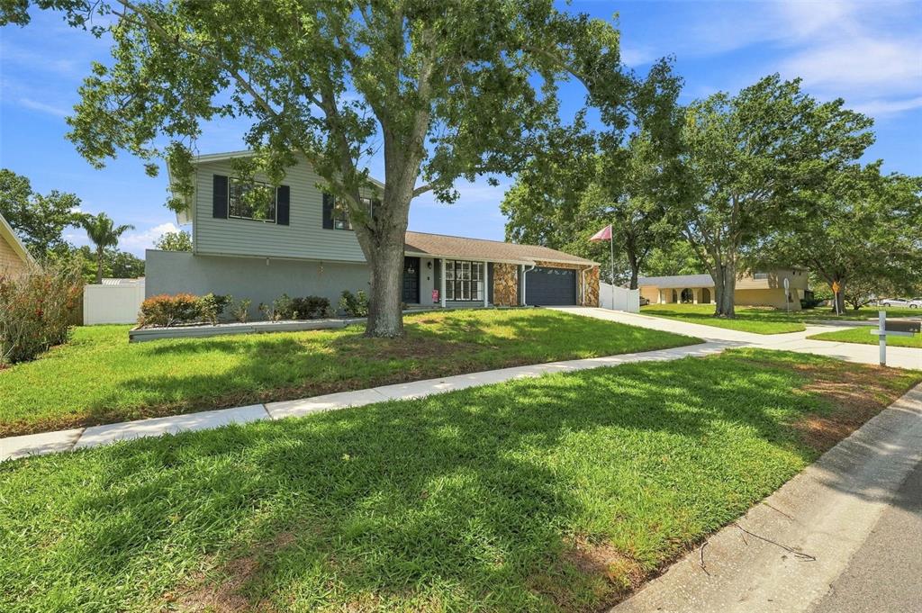 A two-story house with a gray exterior, a front lawn, and a large oak tree — 15868 COUNTRY LAKE DRIVE, TAMPA, FL