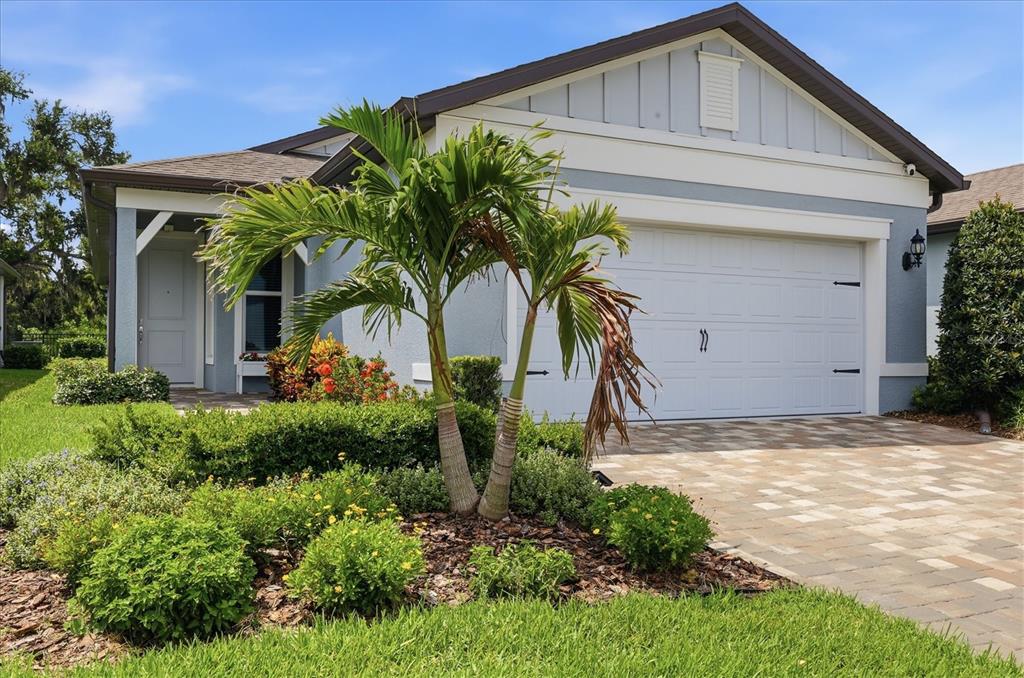 A single-story house with a blue exterior, a paved driveway, and a palm tree in front — 9289 BALLASTER POINTE LOOP, PARRISH, FL