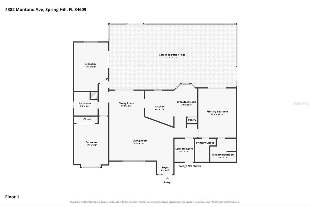 This is a floor plan for a single-story house with three bedrooms and a pool — 4382 MONTANO AVENUE, SPRING HILL, FL