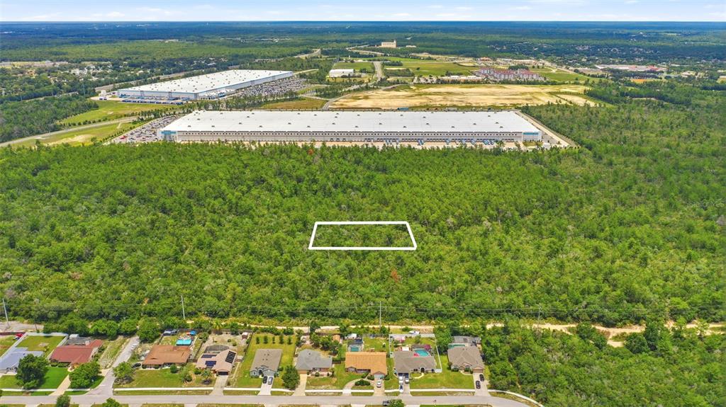 An aerial view shows a rectangular plot of land outlined in white amidst dense forest — WOLVERINE (PAPER) AVENUE, DELTONA, FL
