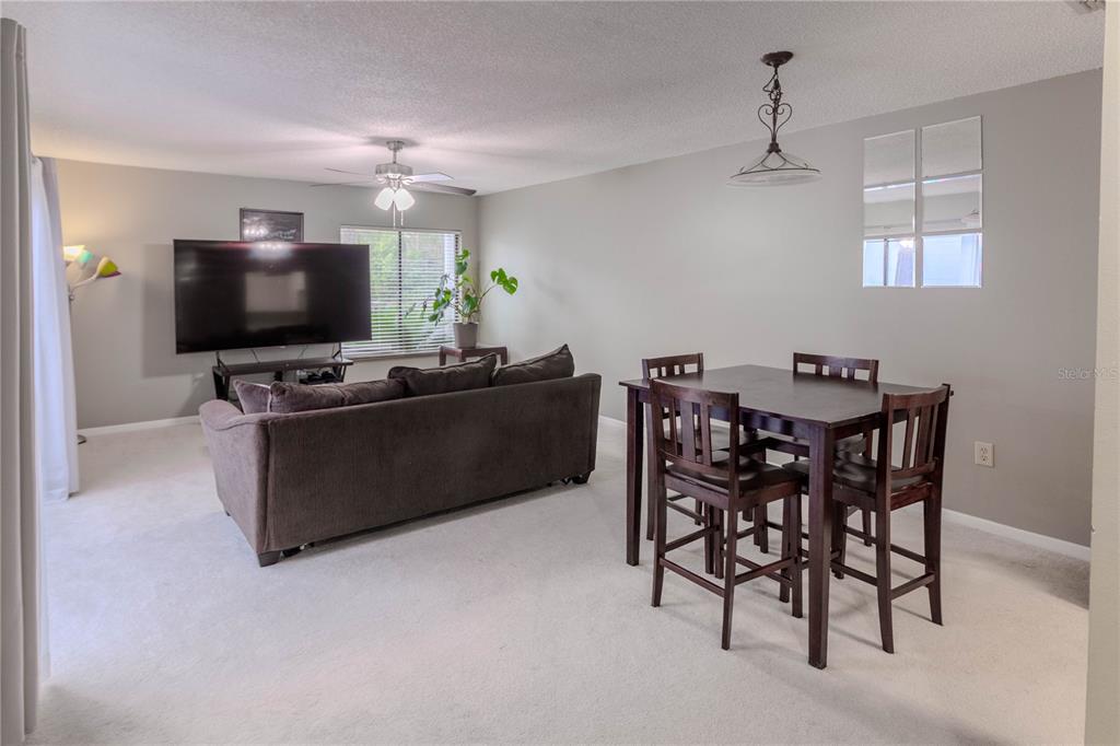 A living and dining area with gray walls, white carpet, a sofa, and a dining set — 3063 NW 28TH CIRCLE UNIT 3063, GAINESVILLE, FL