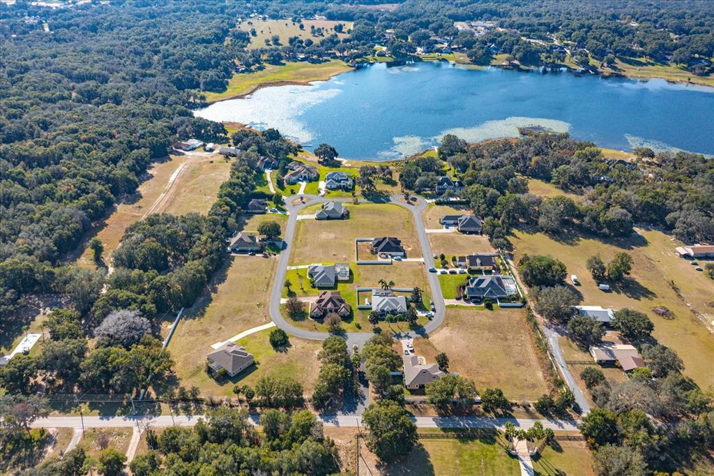 An aerial view shows a residential neighborhood with several houses situated near a large lake — 1009 MYRTLE BREEZES COURT, FRUITLAND PARK, FL