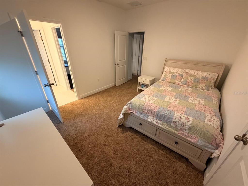 A bedroom features beige carpet, a bed with a patchwork quilt, and two open doorways — 1656 PYRAMID HILL STREET, MINNEOLA, FL