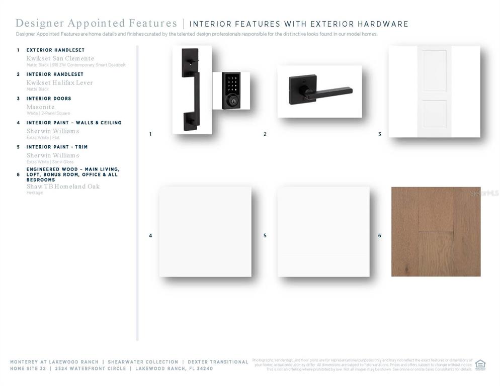 This image displays a design board featuring interior finishes, door hardware, and flooring samples — 2524 WATERFRONT CIRCLE, SARASOTA, FL