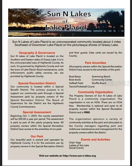 This informational flyer describes the Sun N Lakes of Lake Placid community and its amenities — 251 SUNBEAM COURT, LAKE PLACID, FL