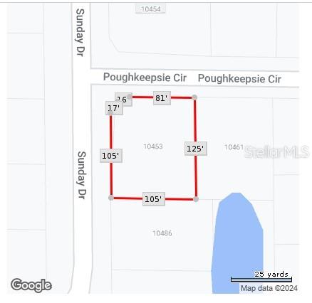This is a map showing the property boundaries and dimensions of a residential lot — 10453 POUGHKEEPSIE CIRCLE, PORT CHARLOTTE, FL