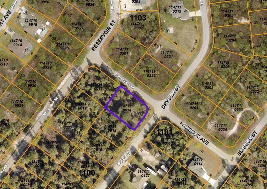 This is a map showing a highlighted vacant lot at a street intersection — PATIENCE AVE, NORTH PORT, FL