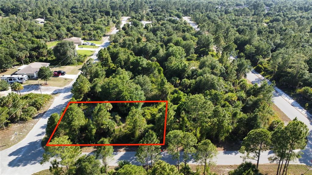 An aerial view shows a rectangular, wooded vacant lot outlined in red along a paved road — PATIENCE AVE, NORTH PORT, FL