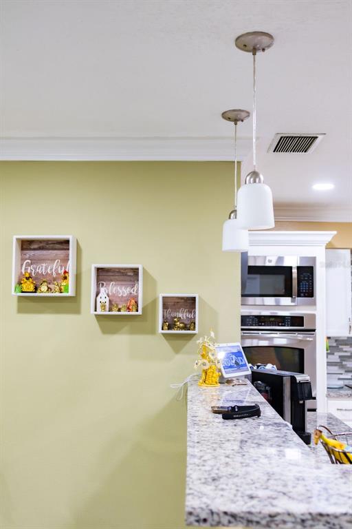 A kitchen features a granite countertop, pendant lighting, and three wall-mounted shelves with decorative text — 11001 N ARMENIA AVENUE, TAMPA, FL