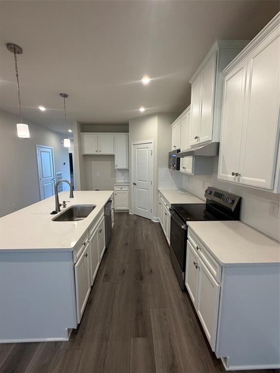 A modern kitchen features white cabinets, a central island with a sink, and wood-look flooring — 18716 HIGHLAND DEW STREET, SPRING HILL, FL