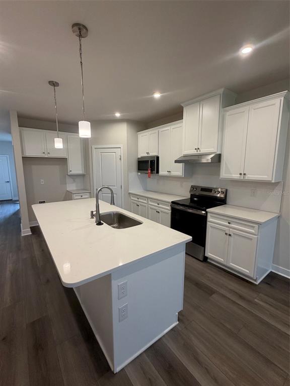 A modern kitchen features white cabinets, a central island with a sink, and wood-look flooring — 18716 HIGHLAND DEW STREET, SPRING HILL, FL