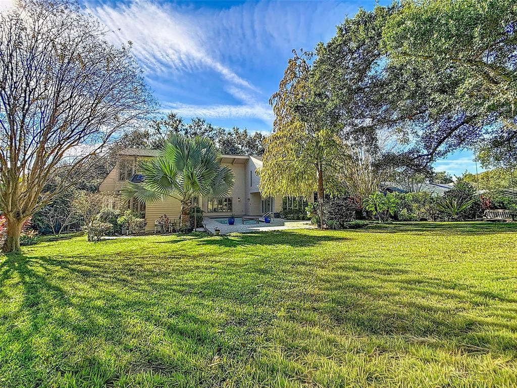 A large backyard features a grassy lawn, mature trees, and a house with a pool — 1351 WILLOW BROOK DR, PALM HARBOR, FL