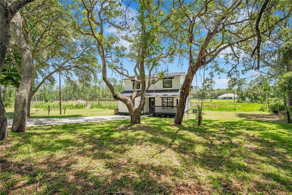 A two-story white house with a black roof sits on a grassy, tree-filled lot — 42111 CHINABERRY COURT, EUSTIS, FL