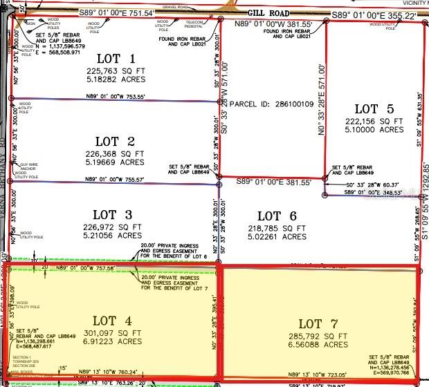 This is a land survey map showing the layout and dimensions of seven subdivided lots — GILL ROAD, MYAKKA CITY, FL