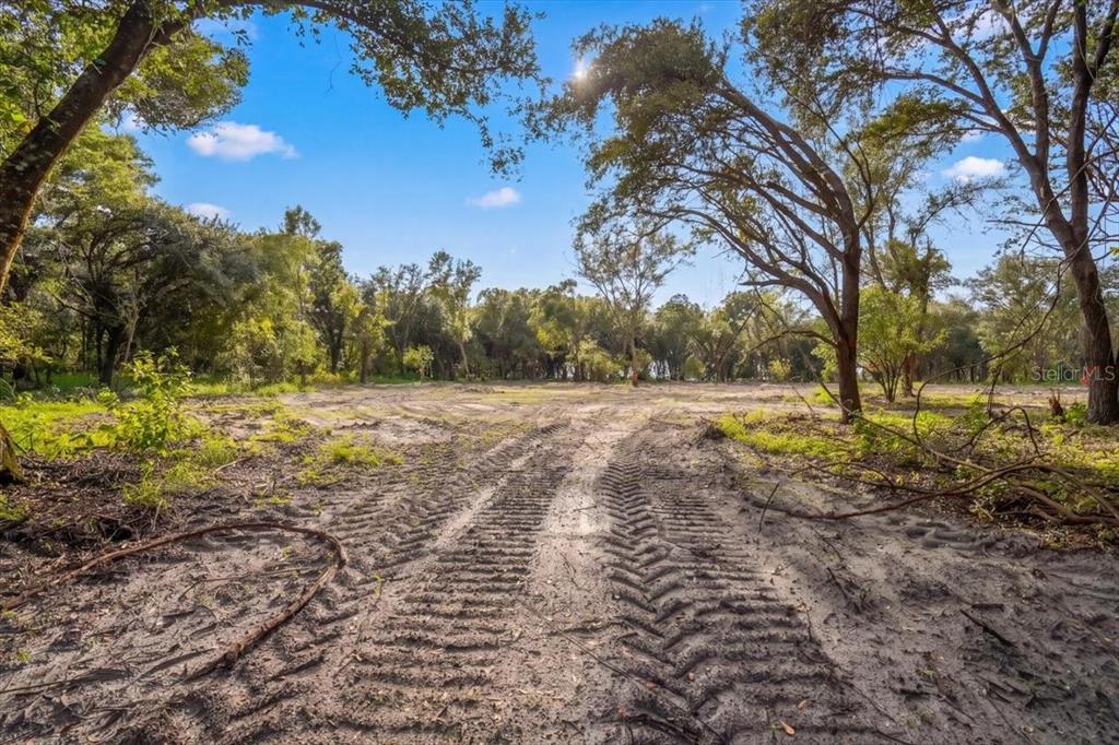 A dirt lot with tire tracks leads toward a line of trees under a blue sky — GILL ROAD, MYAKKA CITY, FL