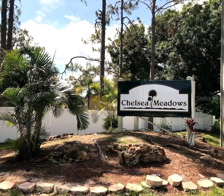 A sign for the Chelsea Meadows community stands in a landscaped area with palm trees — 22706 GAGE LOOP UNIT 33, LAND O LAKES, FL