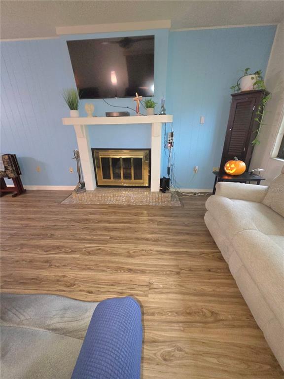 A living room features light blue paneled walls, wood-look flooring, and a fireplace with a television — 2101 SUNSET POINT ROAD UNIT 2603, CLEARWATER, FL