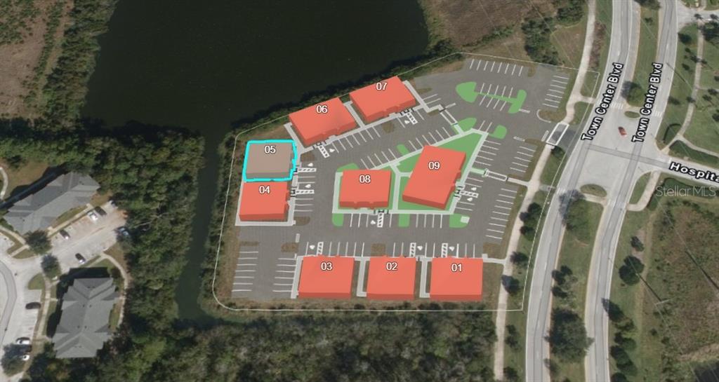 This is an aerial site plan rendering showing multiple commercial buildings and a parking lot — 50 EXCHANGE LOOP LOOP UNIT 5, PALM COAST, FL