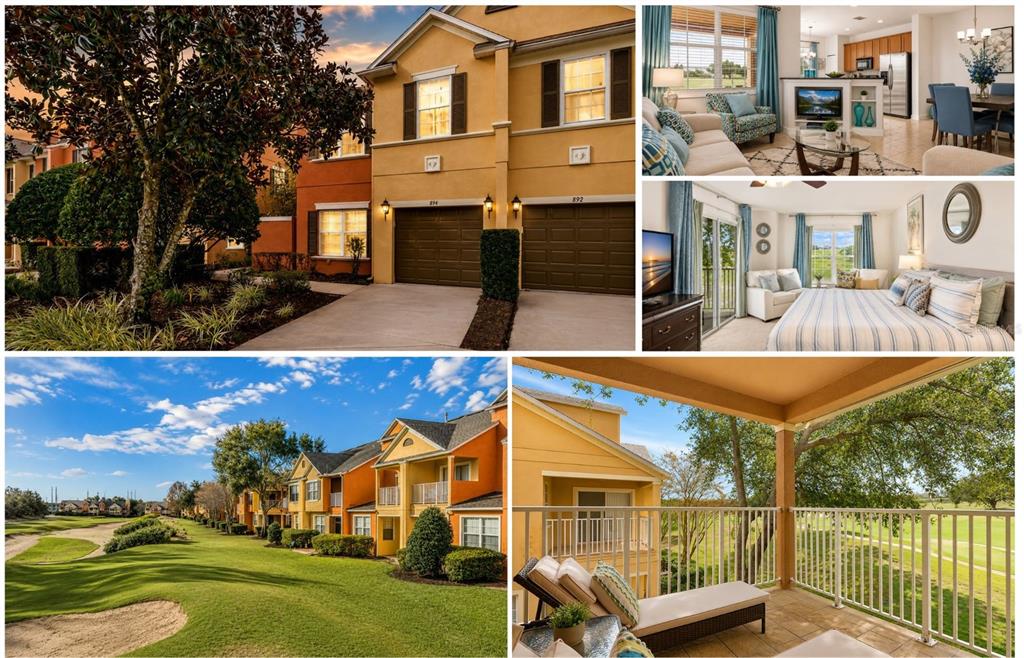 A two-story townhouse with a yellow stucco exterior and two attached garages at dusk — 894 ASSEMBLY COURT, REUNION, FL