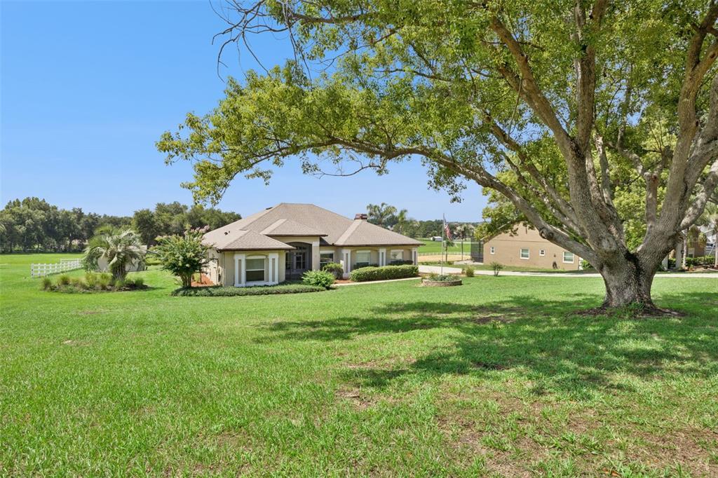 A single-story house with a tan exterior sits on a large, grassy lot with trees — 15734 THOROUGHBRED LANE, MONTVERDE, FL