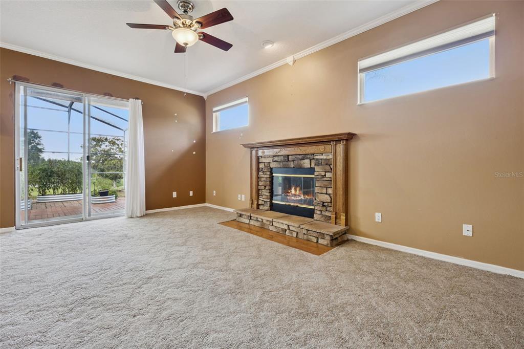 A living room features beige carpet, tan walls, a stone fireplace, and sliding glass doors — 15734 THOROUGHBRED LANE, MONTVERDE, FL