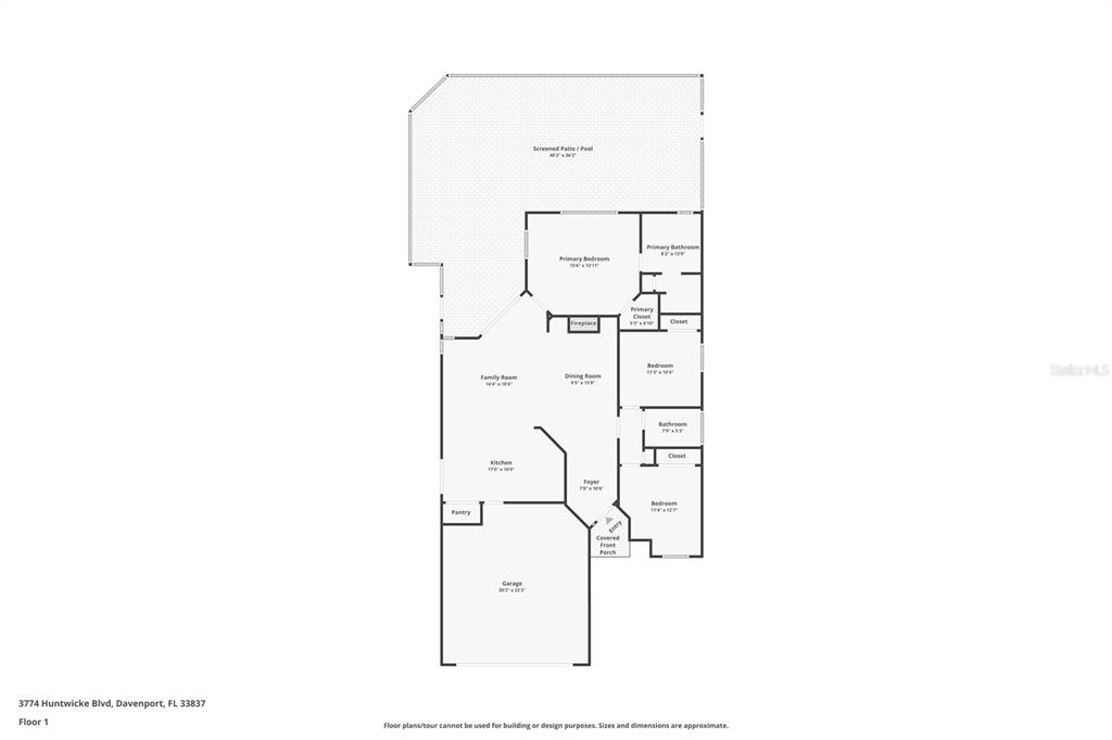 This is a floor plan for a single-story house with a garage and screened patio — 3774 HUNTWICKE BLVD, DAVENPORT, FL