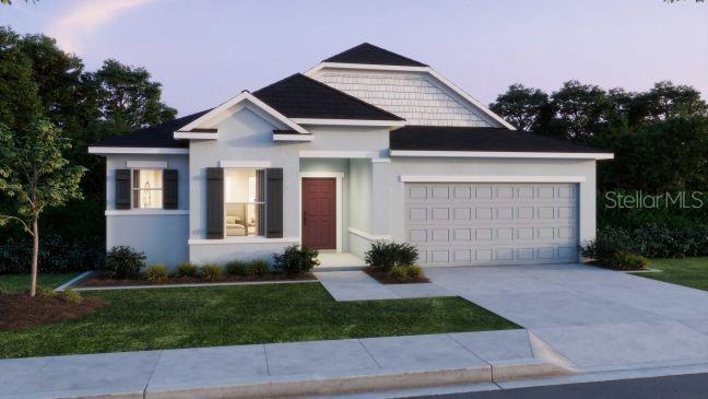 This is a rendering of a single-story house with a light blue exterior and two-car garage — 5963 LYON ROAD, SPRING HILL, FL