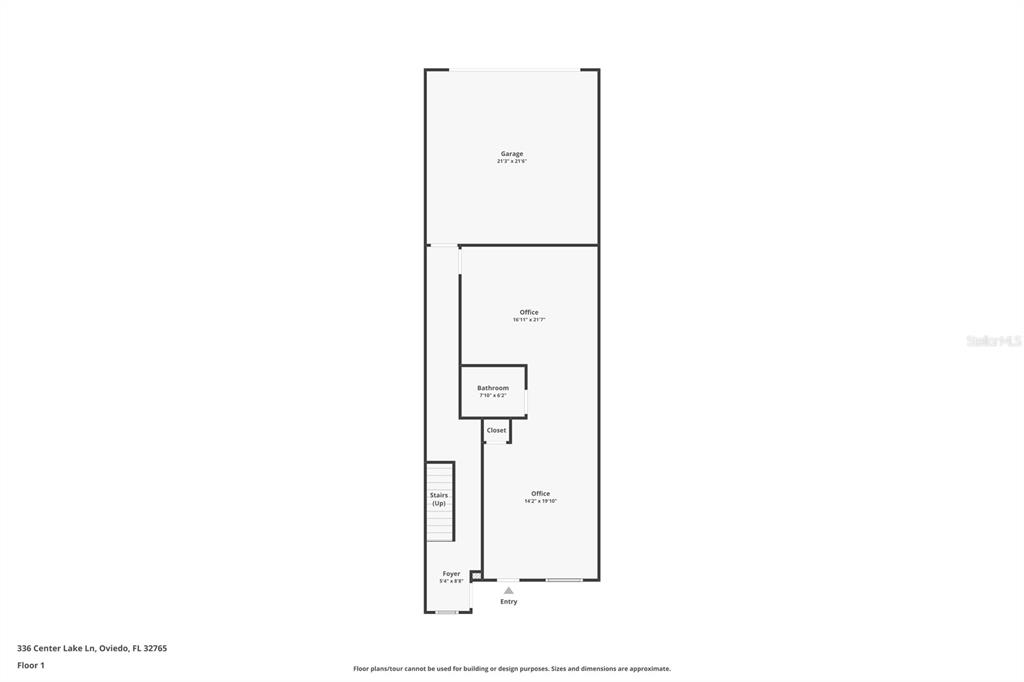 This is a floor plan for the first level of a building featuring a garage — 336 CENTER LAKE LANE UNIT 336, OVIEDO, FL