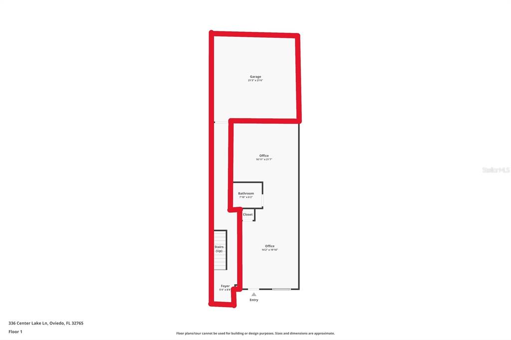 This is a floor plan of a ground level featuring a garage, two offices, and bathroom — 336 CENTER LAKE LANE UNIT 336, OVIEDO, FL