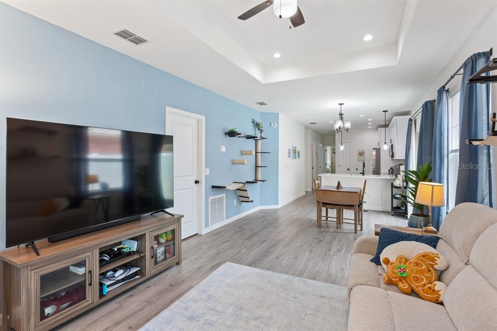 A living room with light blue walls, wood-look flooring, a television console, and a cat tree — 1967 VIRGINIA AVENUE, EUSTIS, FL