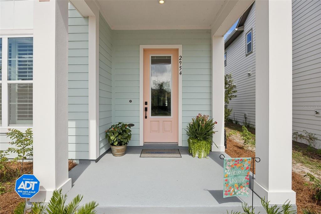 A light blue house exterior features a pastel pink front door and a covered porch — 2954 JOURNEY PLACE, ST CLOUD, FL