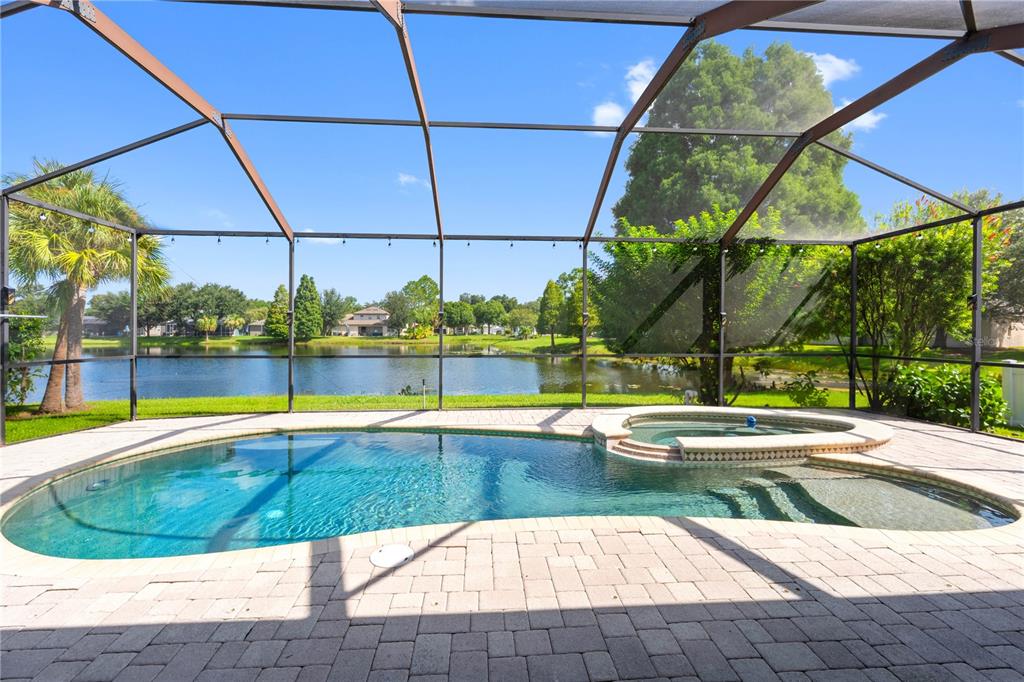 A screened-in pool and spa overlook a lake on a sunny day — 11916 SUMMER SPRINGS DRIVE, RIVERVIEW, FL