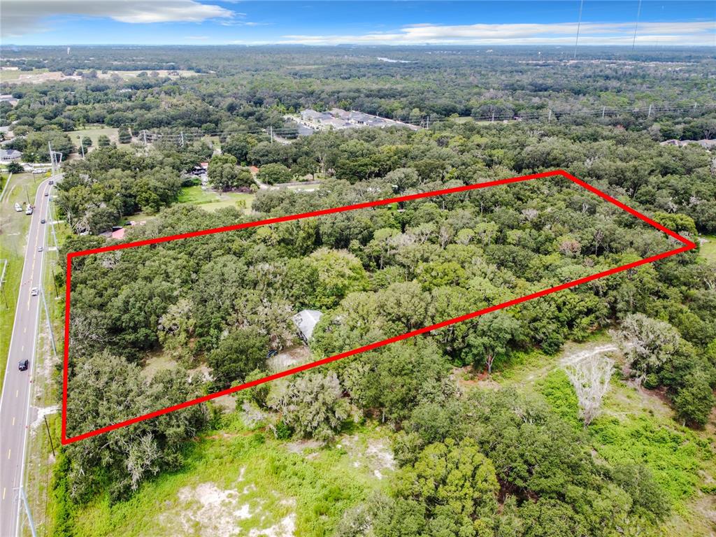 An aerial view shows a rectangular, tree-covered plot of land outlined in red beside a road — 16206 BOYETTE ROAD, RIVERVIEW, FL