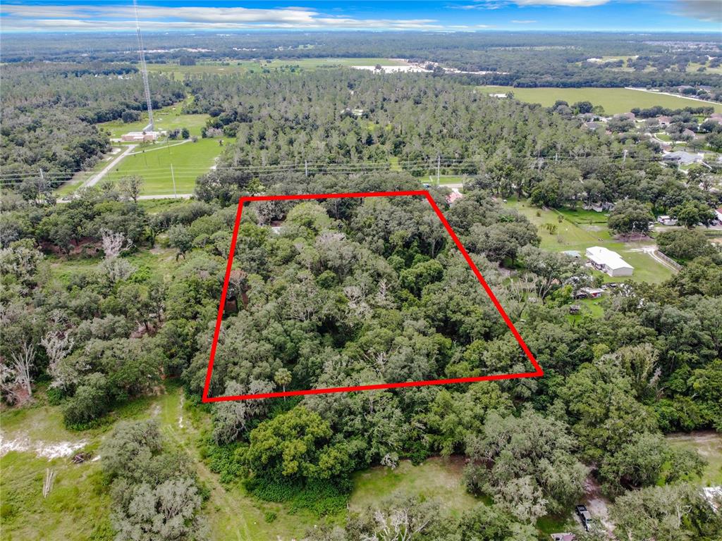 An aerial view shows a wooded lot outlined in red within a rural landscape — 16206 BOYETTE ROAD, RIVERVIEW, FL