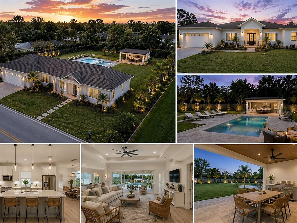 A collage shows a single-story house with a pool, patio, and modern interior living spaces — DE LEON DRIVE, NORTH PORT, FL