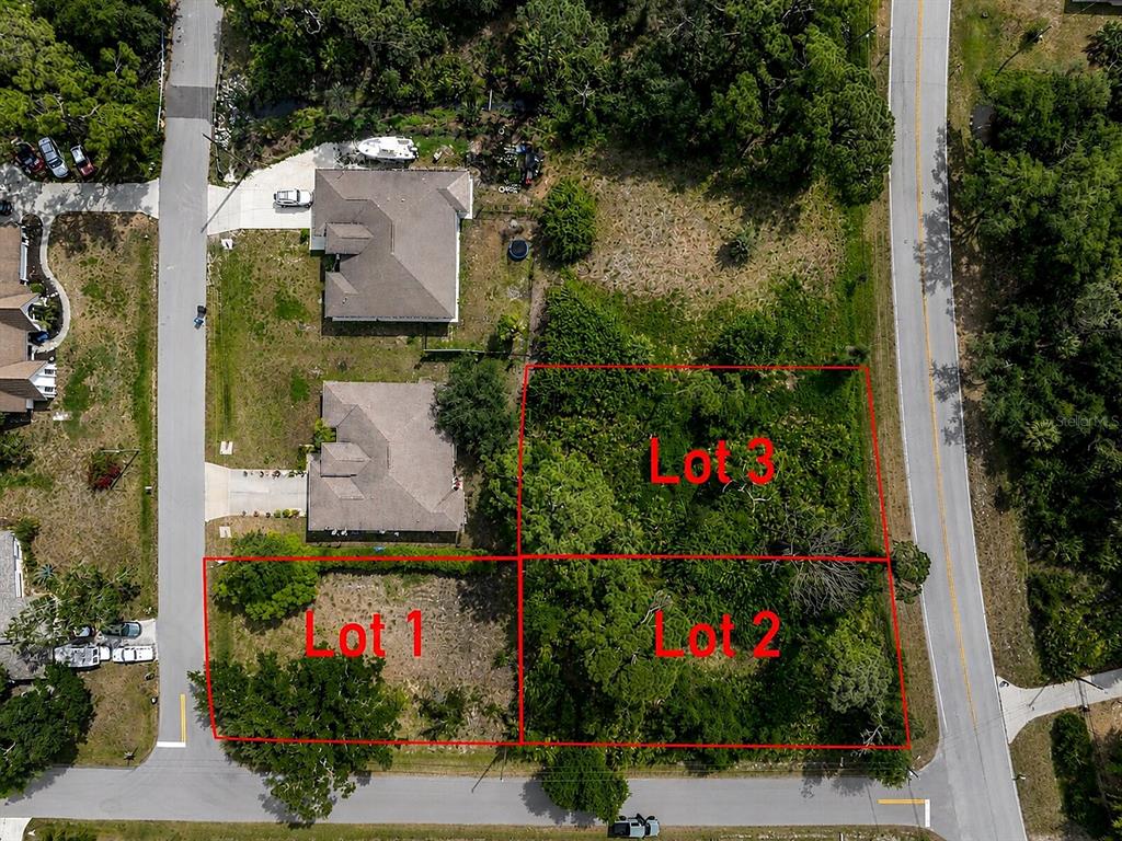 An aerial view shows three vacant lots outlined in red next to two existing houses — DE LEON DRIVE, NORTH PORT, FL