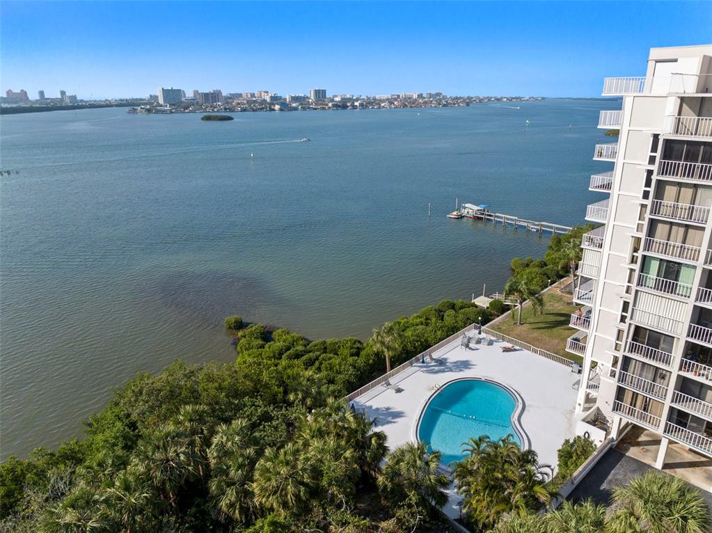 A central courtyard features a tall palm tree, lush tropical plants, and white lattice walls — 500 N OSCEOLA AVENUE UNIT 406, CLEARWATER, FL