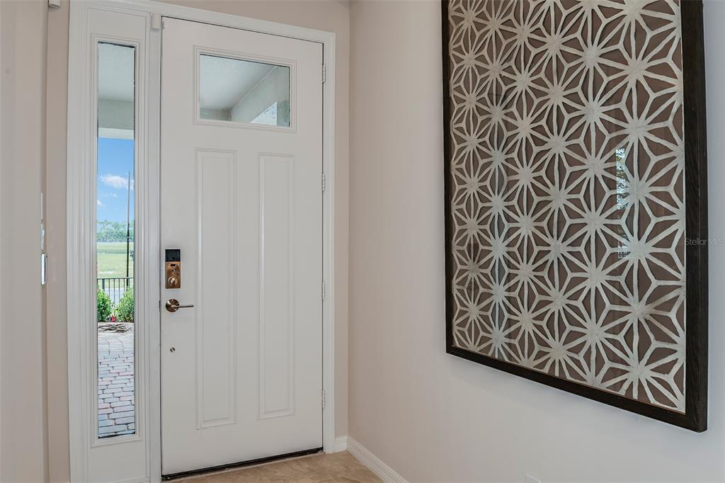 A white front door with a side window and a large geometric wall art piece — 712 SKY SHADE DRIVE, APOLLO BEACH, FL