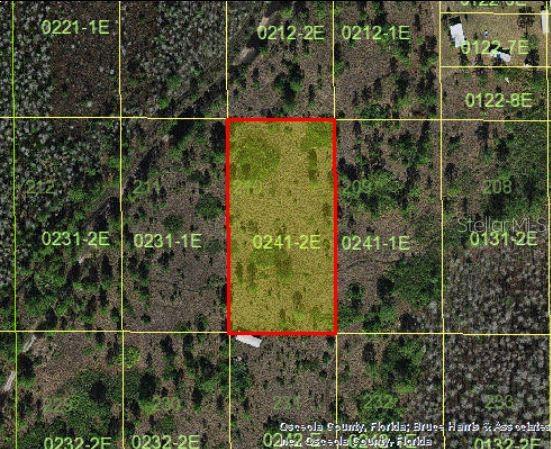 This is an aerial map showing a rectangular plot of land outlined in red — HOLOPAW GROVES ROAD, ST CLOUD, FL